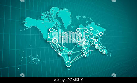 A graphic 3d illustration of an abstract world map linking big cities, marked with small rounds, with moving and broken white lines placed on rectangu Stock Photo