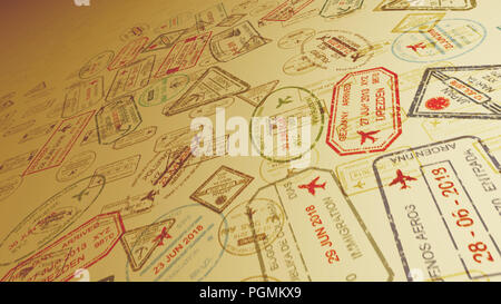 An inspiring 3d illustration of travel stamps on inclined sandy surface with many flying marks in the canary yellow background. It looks as if all tou Stock Photo