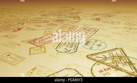 An original 3d illustration of travel stamps on inclined sandy surface with many visa marks in the camel yellow background. All tourists prefer the so Stock Photo