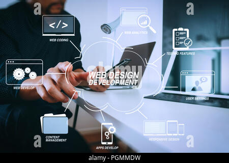 Developing programming and coding technologies with Website design in virtual diagram.businessman working with smart phone and digital tablet and lapt Stock Photo
