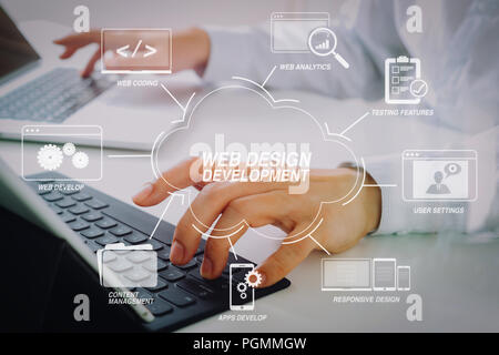 Developing programming and coding technologies with Website design in virtual diagram.businessman typing keyboard with laptop computer and digital tab Stock Photo