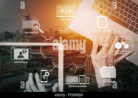 Developing programming and coding technologies with Website design in virtual diagram.cyber security internet and networking concept.Businessman hand  Stock Photo