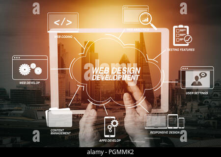 Developing programming and coding technologies with Website design in virtual diagram.cyber security internet and networking concept.Businessman hand  Stock Photo