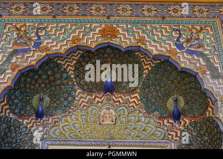 Colorful Peacock Gate of Pritam Niwas Chowk of City Palace in Jaipur, India. Stock Photo