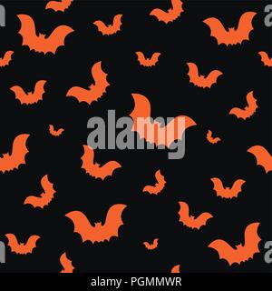 Halloween seamless pattern with orange bats on black background. Design for background, wallpaper or gift wrapping paper. Vector illustration. Stock Vector
