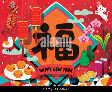 Fortune and spring word in Chinese on spring couplet with hand drawn style new year symbols like lantern, orange, red envelopes Stock Vector