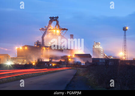 Night-time shot of he Redcar steelworks blast furnace in 2015, before its closure. Stock Photo