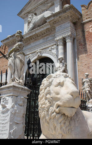 Statues outside entrance to Arsenale, Venice Stock Photo