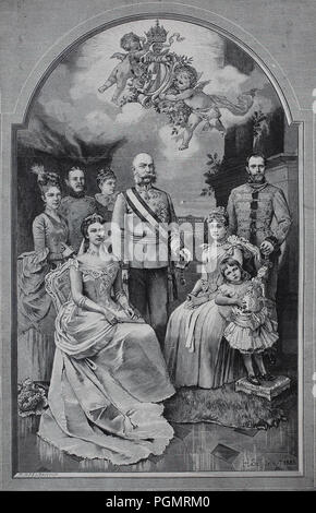 Empress Elisabeth of Austria, Franz Joseph I, Archduchess Marie Valerie, Archduchess Gisela, Stephanie and Elisabeth, Leopold of Bavaria, Archduke Rudolf, digital improved reproduction of a woodcut from the year 1880 Stock Photo