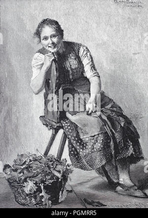 Farmer's wife sitting on a chair after a celebration, in front of it a basket of vegetables, after work, digital improved reproduction of a woodcut from the year 1880 Stock Photo