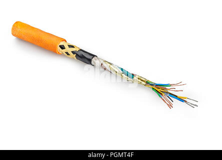 striped cross section armored cable isolated on white Stock Photo