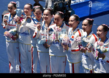 Budapest, Hungary - Jul 18, 2017. The winner synchronized swimming team Japan at the Victory Ceremony of Team Technical. FINA Synchro Swimming World C Stock Photo