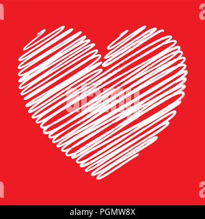 Heart white scribble with lines texture on red background. Element for your Valentine’s Day Design Stock Vector