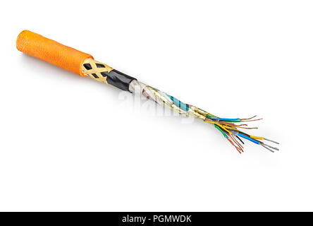 striped cross section armored cable isolated on white Stock Photo