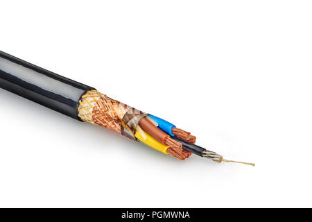striped cross section armored cable isolated on white Stock Photo