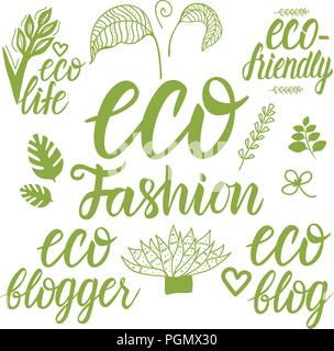 Set Vector Eco Fashion style blogger green inscription lettering calligraphy isolated on white background. Stock Vector