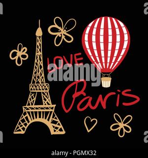 Vector Set red Balloon and Paris Eiffel Tower on dark Stock Vector