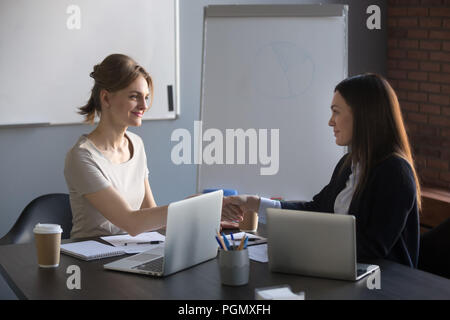 Female business partners handshaking after successful negotiatio Stock Photo