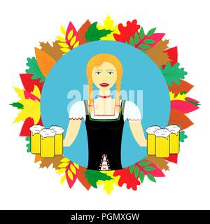 Waitress wit beer mugs decorated,Bavaria Oktoberfest Stock Vector