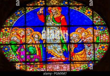 Jesus Christ Worshipers Stained Glass Duomo Cathedral Church Florence Italy.  Stained Glass from 1400 to 1500s. Stock Photo
