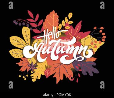 Hello autumn. Hand drawn calligraphy and brush pen lettering. design for holiday greeting card and invitation of seasonal autumn holiday. black on white Stock Vector