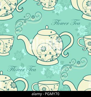 Seamless pattern with teapots and cups with floral design elements. Stock Vector
