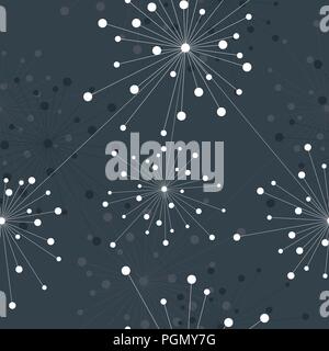 Seamless geometric pattern with connected lines and dots in a shape of fireworks. Stock Vector