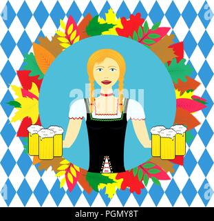 Waitress wit beer mugs decorated With Colorful Leaves Stock Vector