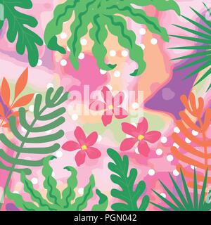 Tropical jungle leaves background. Tropical flowers poster design. Exotic leaves, plants, branches and flowers art print Stock Vector