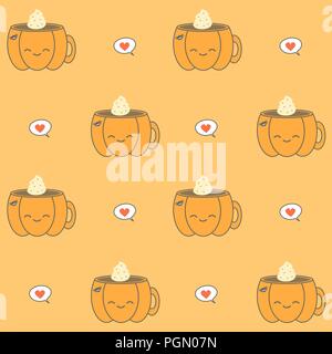 cute cartoon vector halloween seamless pattern background illustration with coffee mug in form of pumpkin Stock Vector