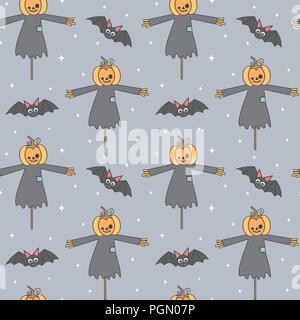 cute cartoon halloween seamless vector pattern background illustration with pumpkin scarecrow and bats Stock Vector