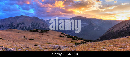 Panorama from the Ute Crossing Trail looking Southwest toward the Continental Divide of Trail Ridge Road in Rocky Mountain National Park, Colorado. Stock Photo