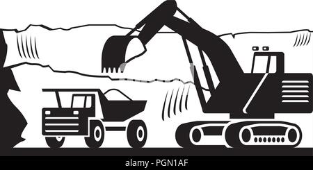 Heavy mining machinery in open pit - vector illustration Stock Vector