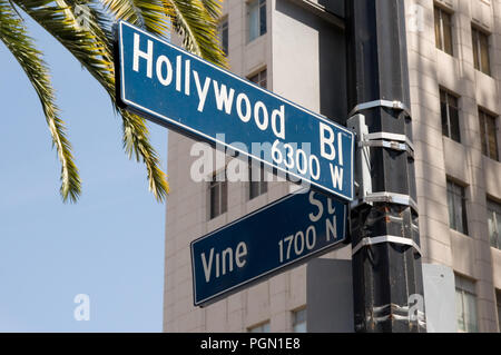 Street sign marking the famous intersection of Hollywood and Vine Streets in Los Angeles, California Stock Photo