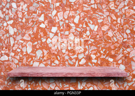 Empty top of pink marble stone shelves on terrazzo wall background, product display, you can put product on shelf. Stock Photo