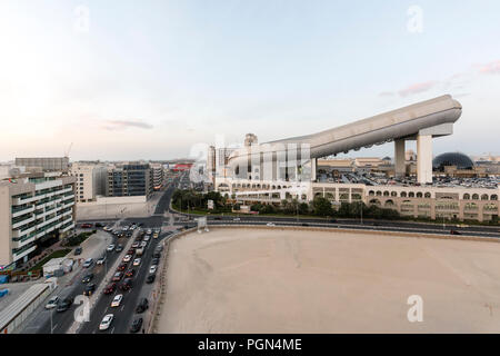 The sloped metal exterior of Ski Dubai, which houses an indoor ski slope, at the Mall of the Emirates in Dubai, United Arab Emirates. Stock Photo