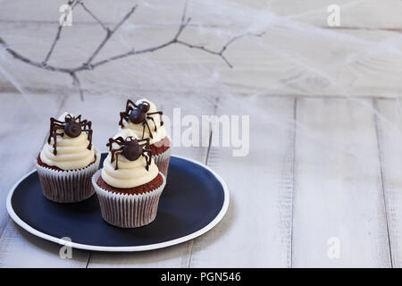 Festive Halloween cupcakes with chocolate spiders in black plate on white wooden planks in blue moonlight, spider web background Stock Photo