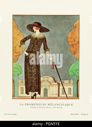 La Promeneuse Mélancolique.  The Melancholy Walker.  Robe d'après-midi, de Beer.  Afternoon dress by Beer.  Art-deco fashion illustration by French artist George Barbier, 1882-1932.  The work was created for the Gazette du Bon Ton, a Parisian fashion magazine published between 1912-1915 and 1919-1925. Stock Photo