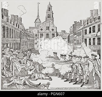 The Boston Massacre, also known as the Incident on King Street, March 5, 1770, when British soldiers shot several civilians. The incident was one catalyst which helped turn colonial opinion against the British crown and precipitated eventual armed confrontation against British rule during the American Revolution.  After a contemporary engraving by Paul Revere. Stock Photo