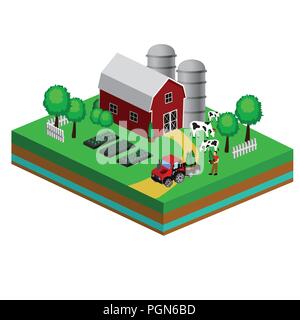 Isometric Red Barn And Trees cows vector illustration Stock Vector