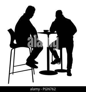 Two mans silhouette sitting at a table in the cafe, bar, restaurant or pub on white background, vector illustration Stock Vector
