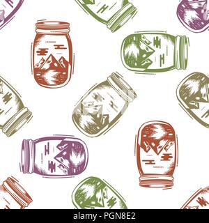 Adventure Jar Bottle seamless pattern with mountains symbols inside. Vintage hand drawn wallpaper background for prints. Multicolor. Stock vector illustration isolated on white background Stock Vector
