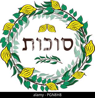 Happy Sukkot Jewish Holiday greeting card. Frame with holiday symbols Etrog, lulav hadas and arava. Vector illustration. Isolated on white background. Stock Vector