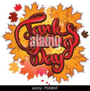 vector thanksgiving day greeting lettering phrase - happy thanksgiving on a background of maple autumn leaves. Stock Vector