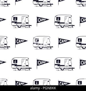 Camping rv seamless pattern. With Camp pennant symbol. Retro textured style. Stock vector wallpaper isolated on white background Stock Vector
