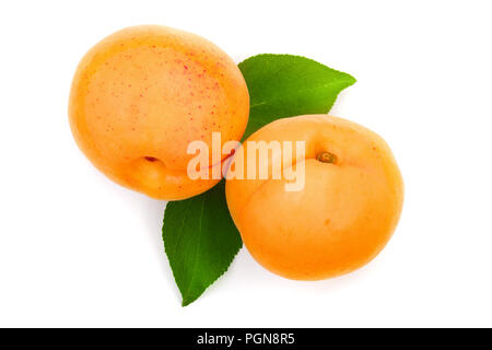 Apricot fruits with leaves isolated on white background, Top view. Flat lay Stock Photo