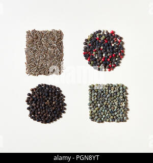 Spices pattern of different kinds of pepper in geometric form of square, round -black, green, red, white and herb cumin on a white background . Stock Photo