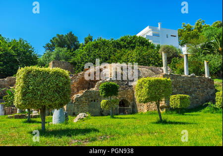 The ornamental garden around antique Roman villas in archaeological site of Carthage, Tunisia. Stock Photo