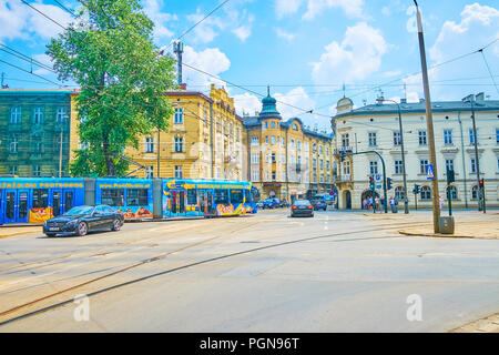 KRAKOW, POLAND - JUNE 11, 2018: The crossroad in old historical residential neighborhood Kazimierz, on June 11 in Krakow. Stock Photo