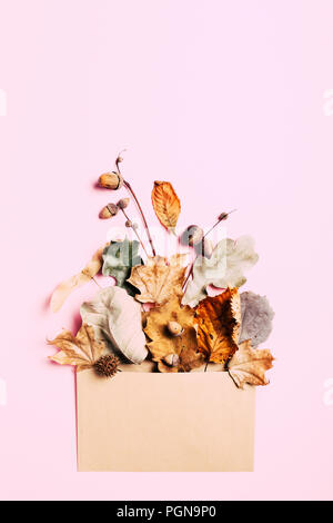 Dry leaves in kraft envelop on pink background. Autumn concept card. Minimal and trendy composition. Stock Photo